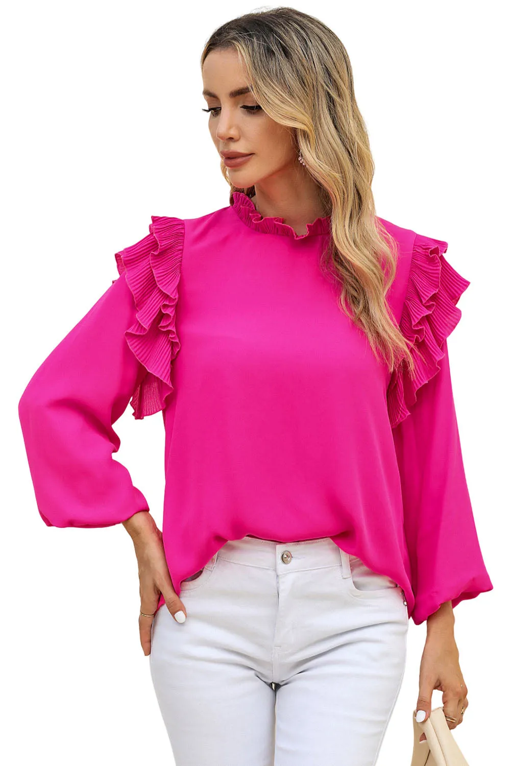 Barbie Style  Rose Button Keyhole Back Pleated Ruffle Trim Blouse