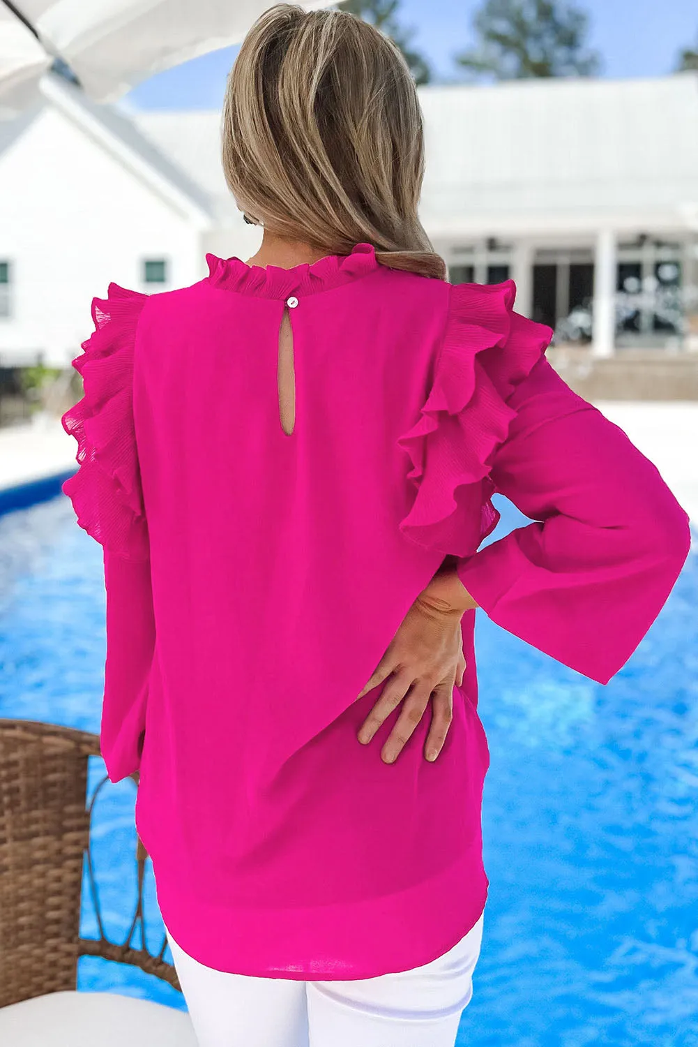 Barbie Style  Rose Button Keyhole Back Pleated Ruffle Trim Blouse