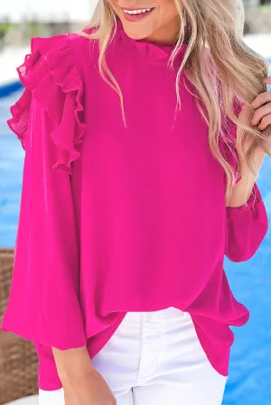 Barbie Style  Rose Button Keyhole Back Pleated Ruffle Trim Blouse