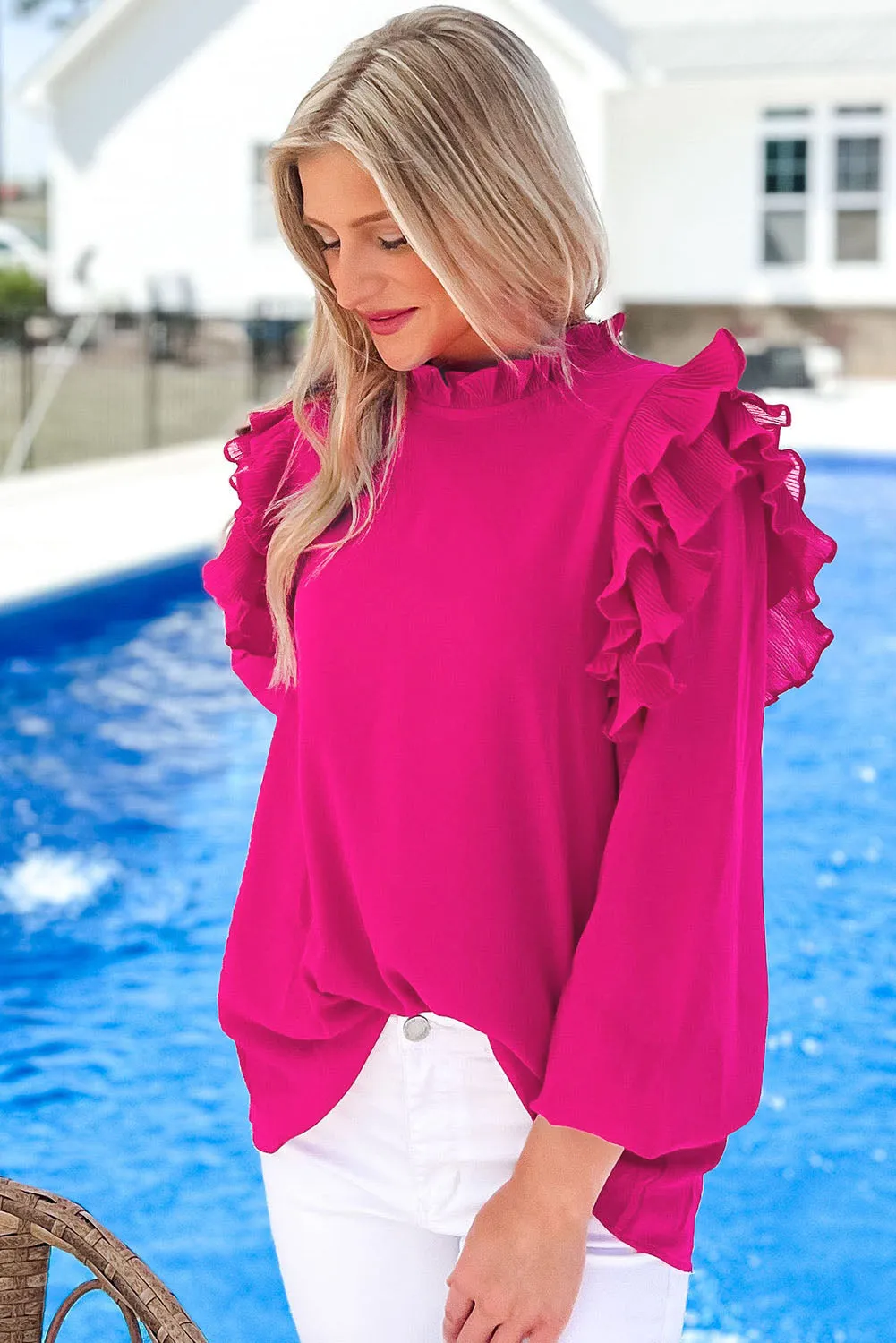 Barbie Style  Rose Button Keyhole Back Pleated Ruffle Trim Blouse