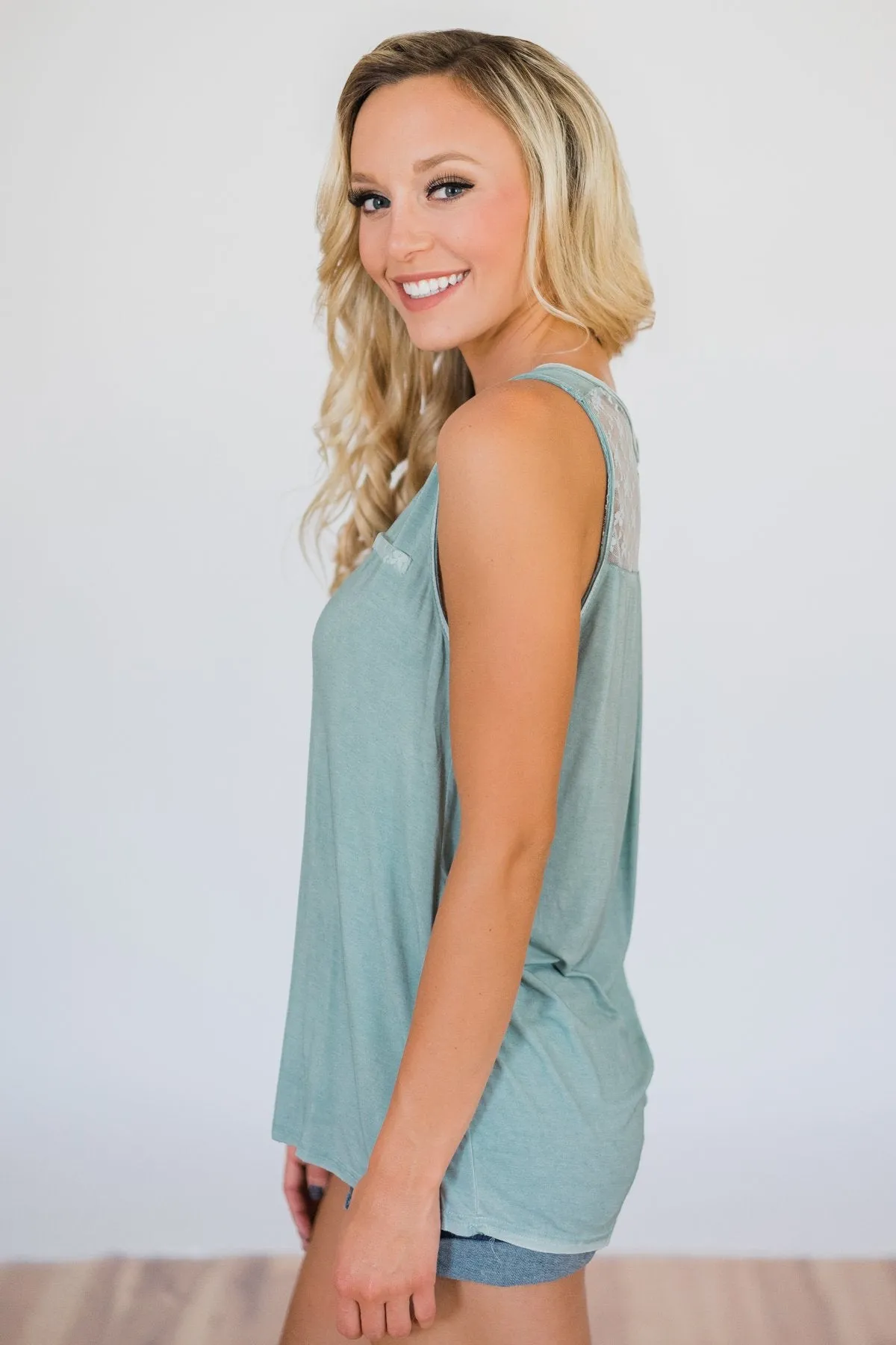 Best of my Days Lace & Zipper Tank Top- Vintage Sea Foam
