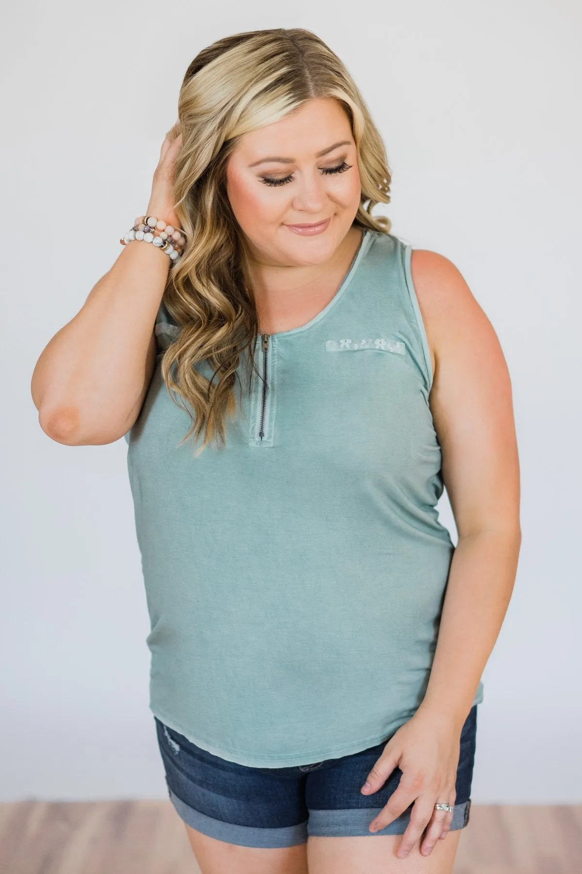 Best of my Days Lace & Zipper Tank Top- Vintage Sea Foam
