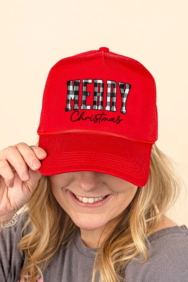 Black And White Buffalo Plaid Merry Christmas Mesh Back Trucker Cap