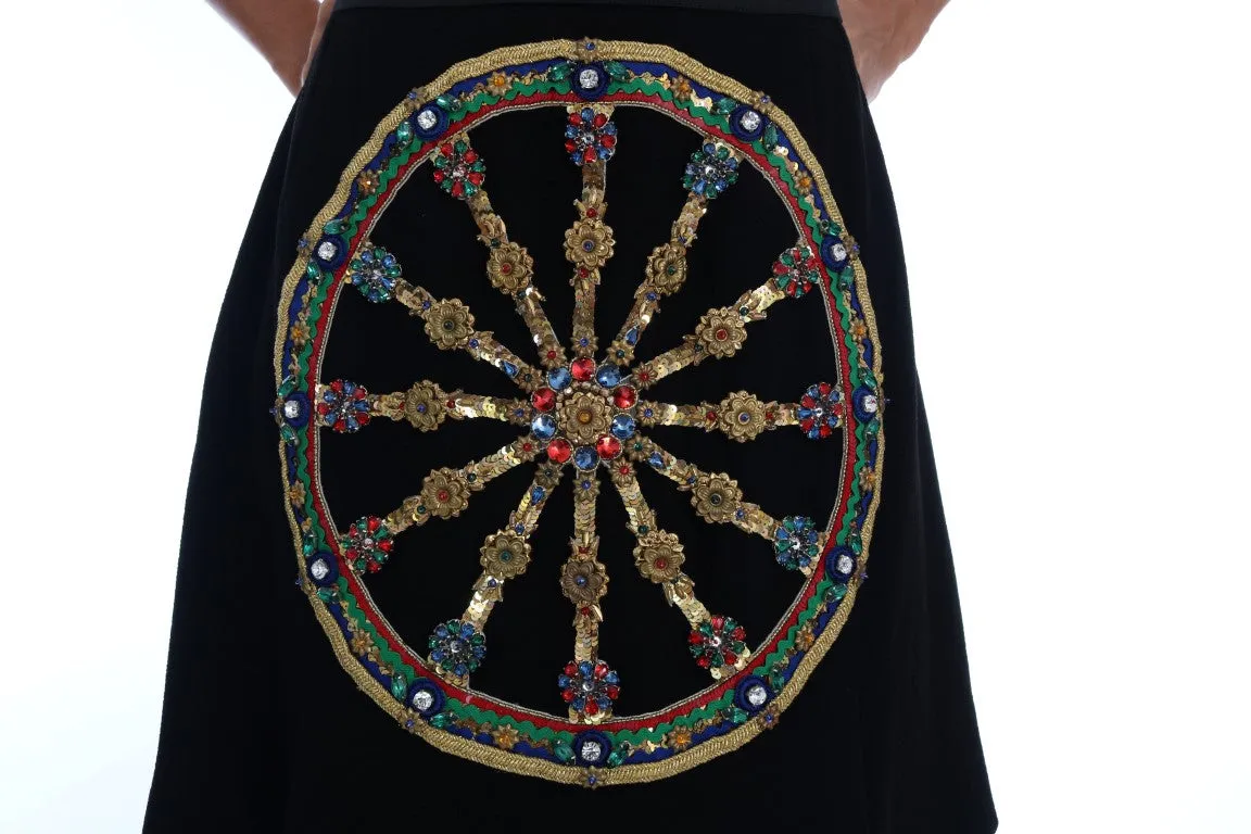 Black Embellished Wheel Wool Crepe Mini Skirt