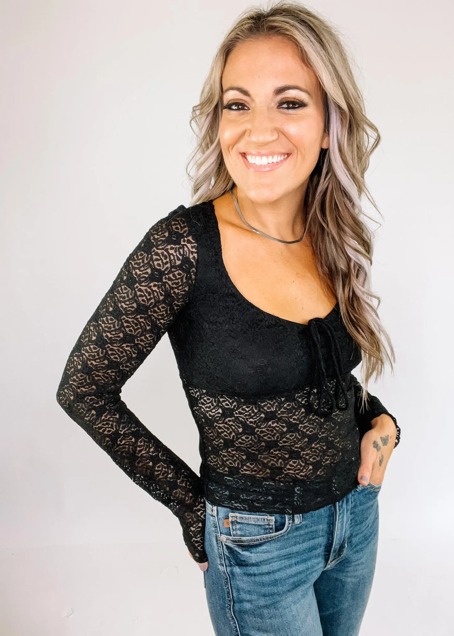 Black Lace Front Tie Top