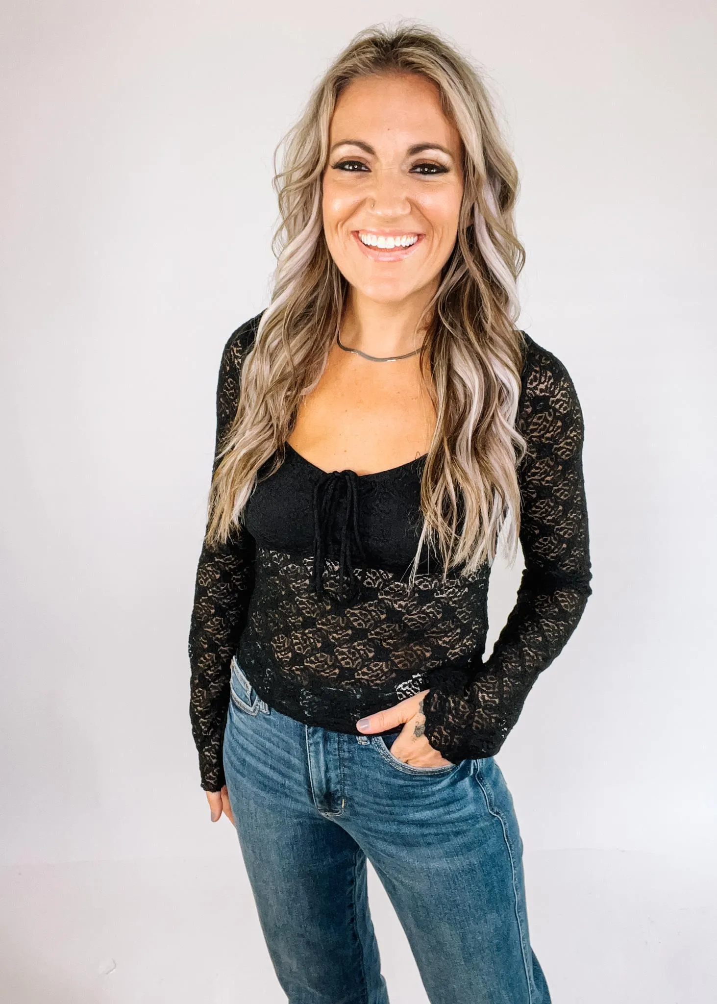 Black Lace Front Tie Top