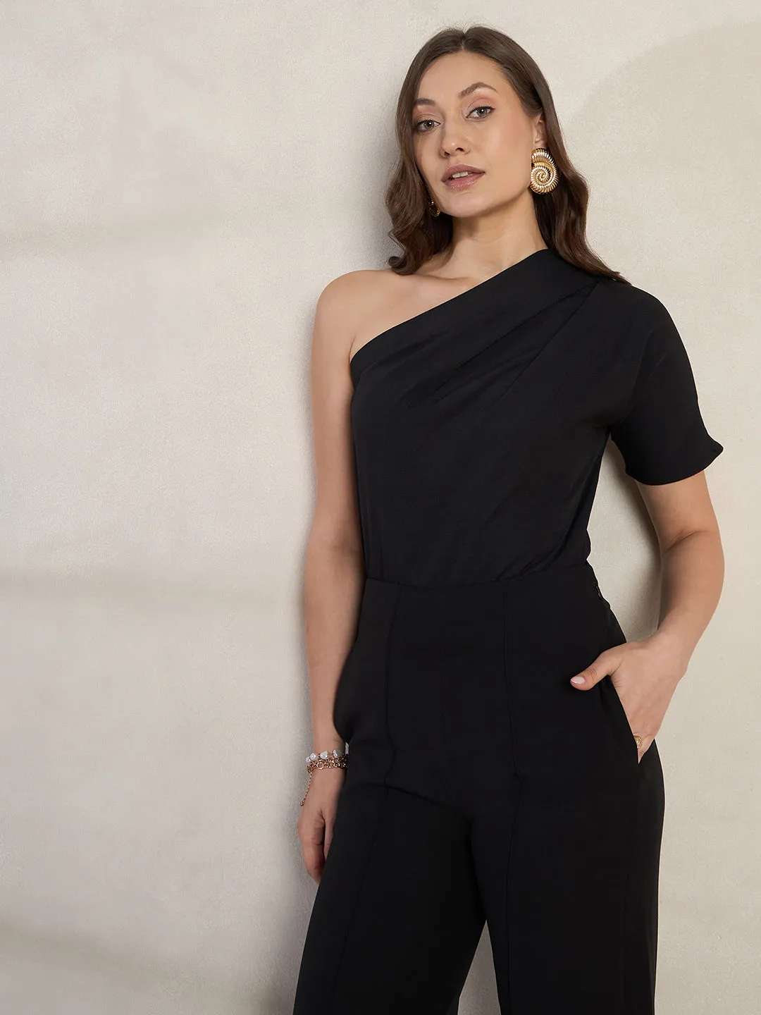Black Pleated One Shoulder Top