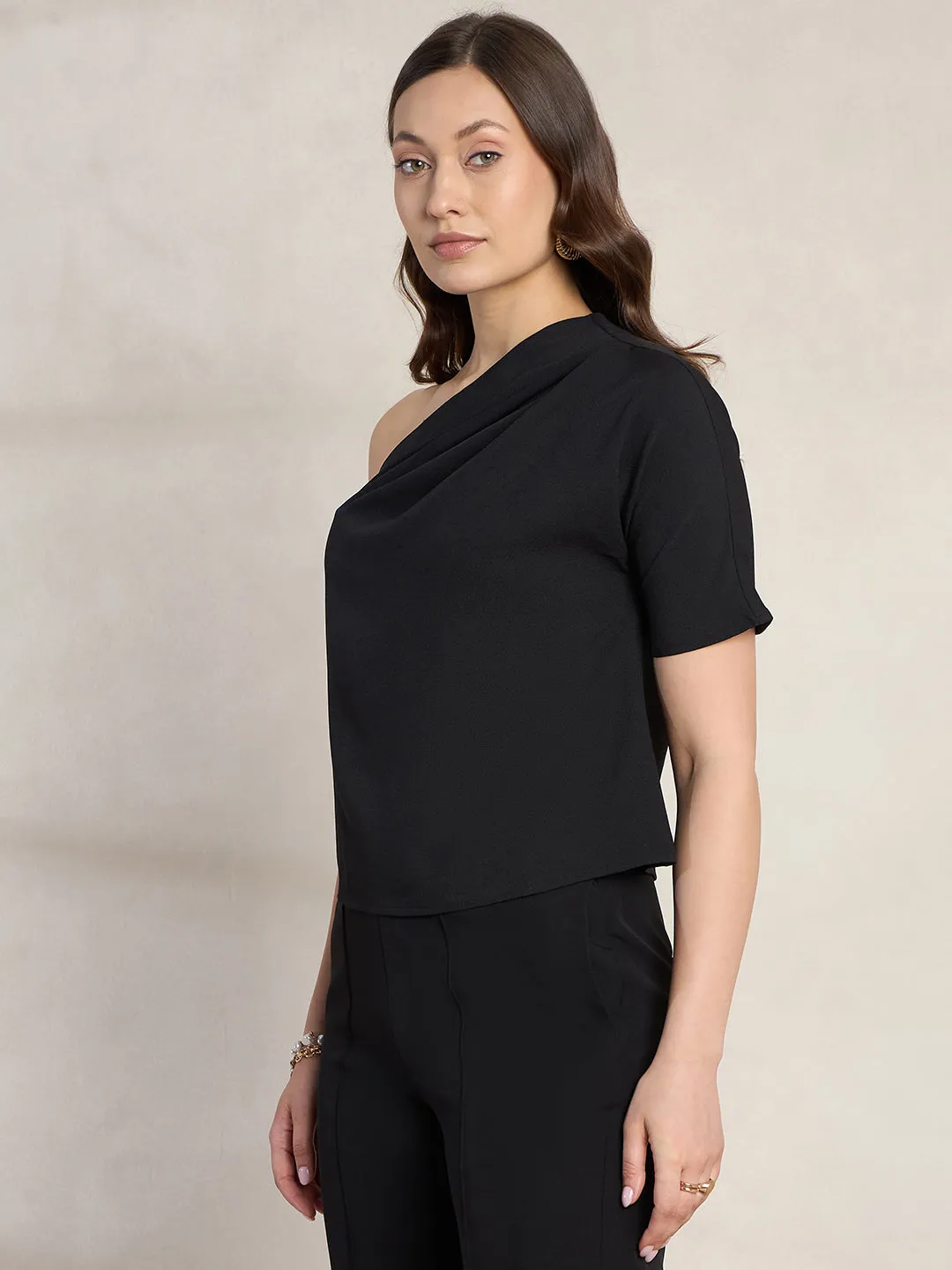 Black Pleated One Shoulder Top