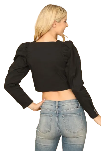 Black Square Neck Pleated Long Sleeve Solid Crop Top - Pack of 5