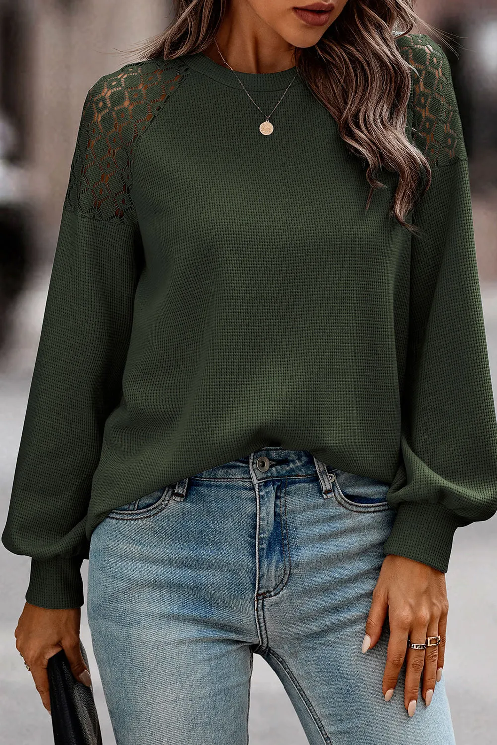 Blackish Green Khaki Lace Long Sleeve Textured Pullover