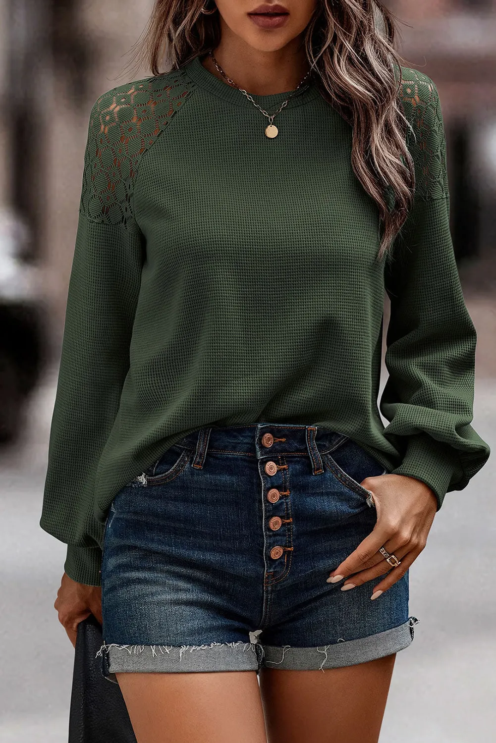 Blackish Green Khaki Lace Long Sleeve Textured Pullover