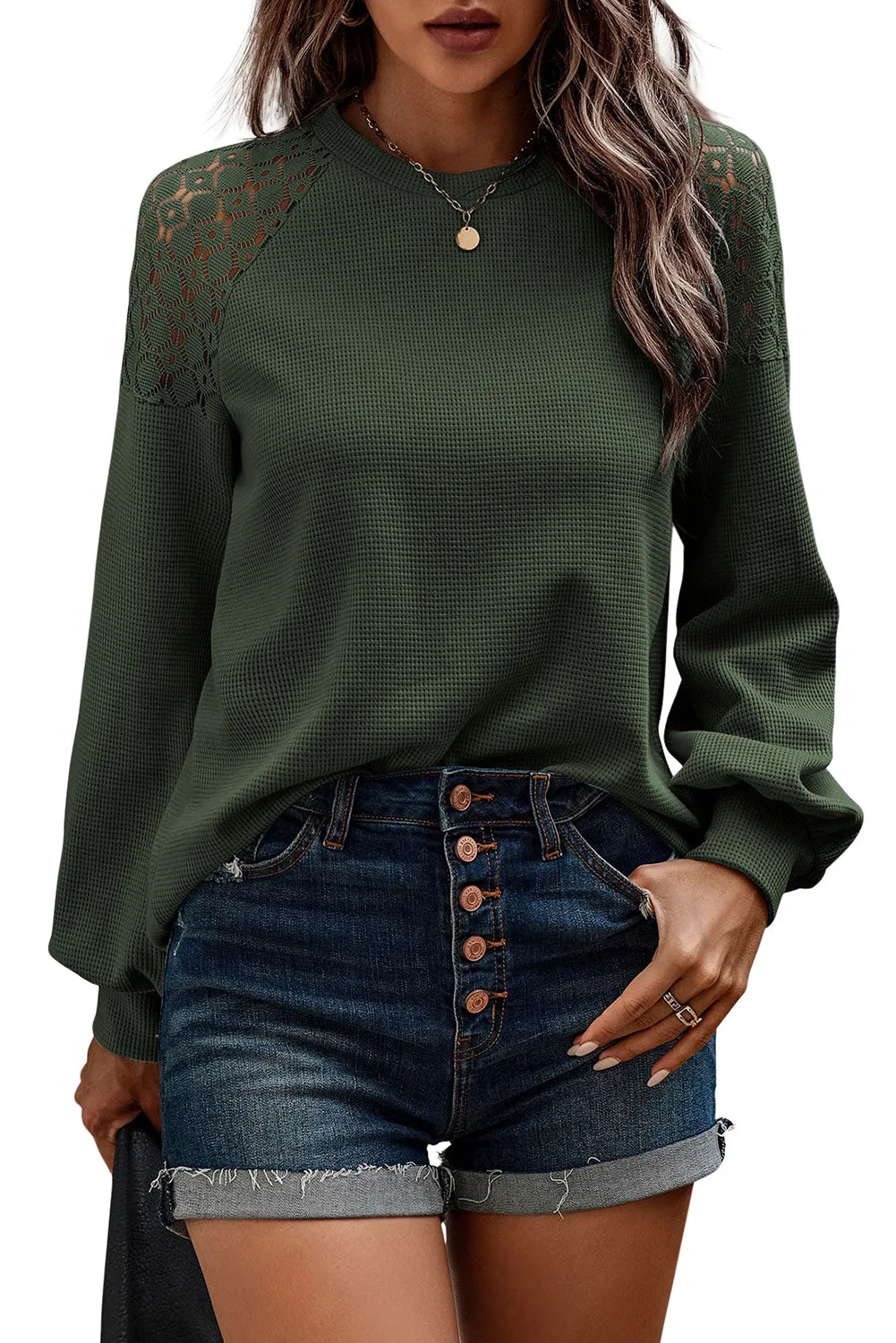 Blackish Green Khaki Lace Long Sleeve Textured Pullover