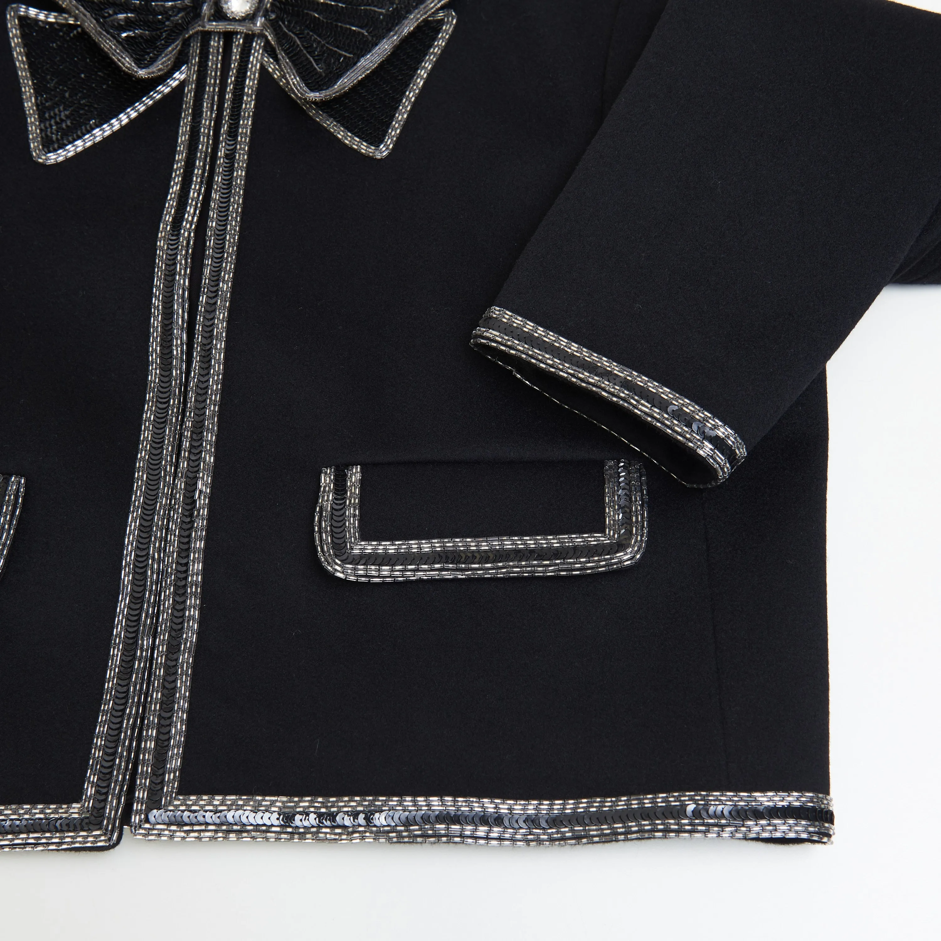 Bow-tie Cardigan With Pearl And Sequin Embroidery In Wool Cloth