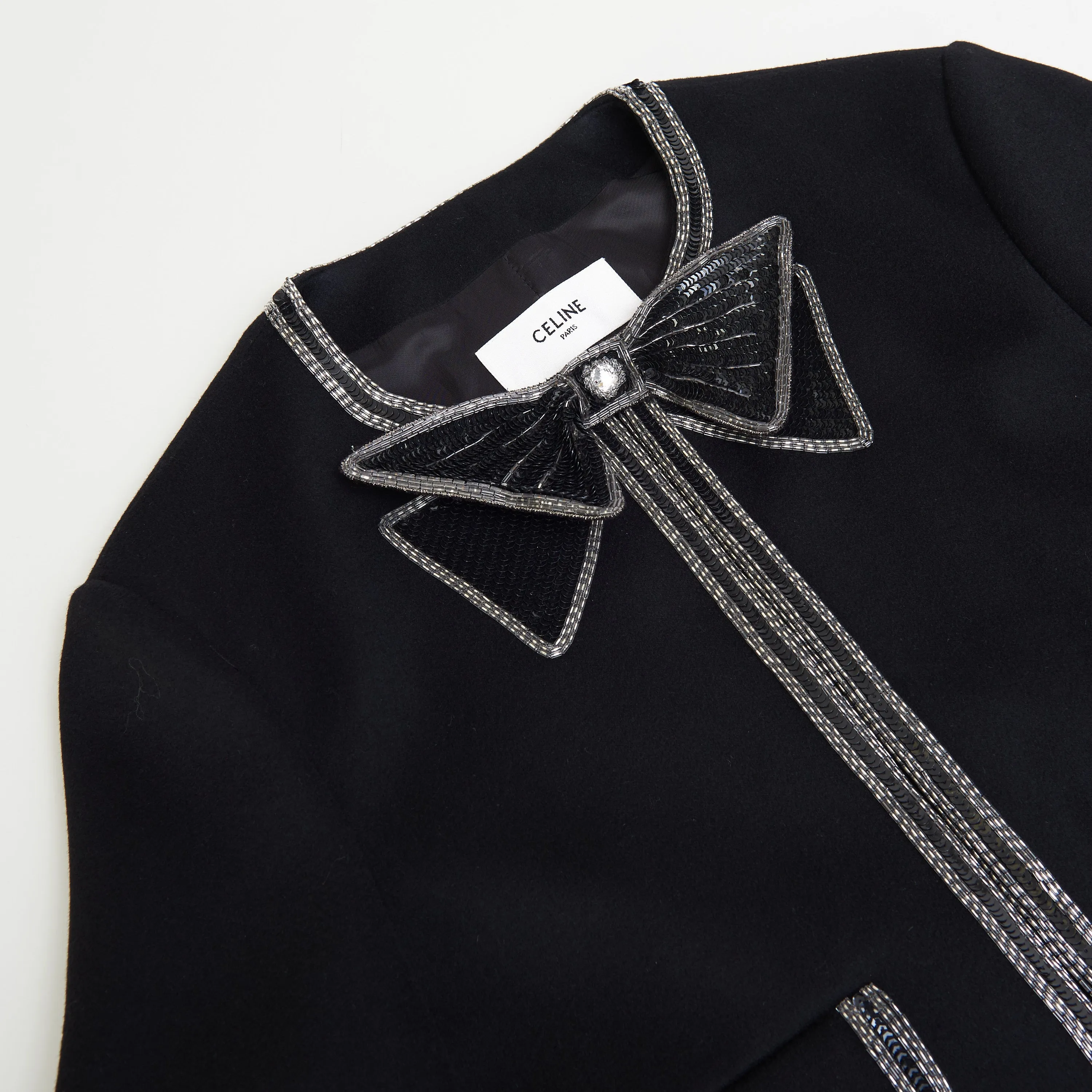 Bow-tie Cardigan With Pearl And Sequin Embroidery In Wool Cloth