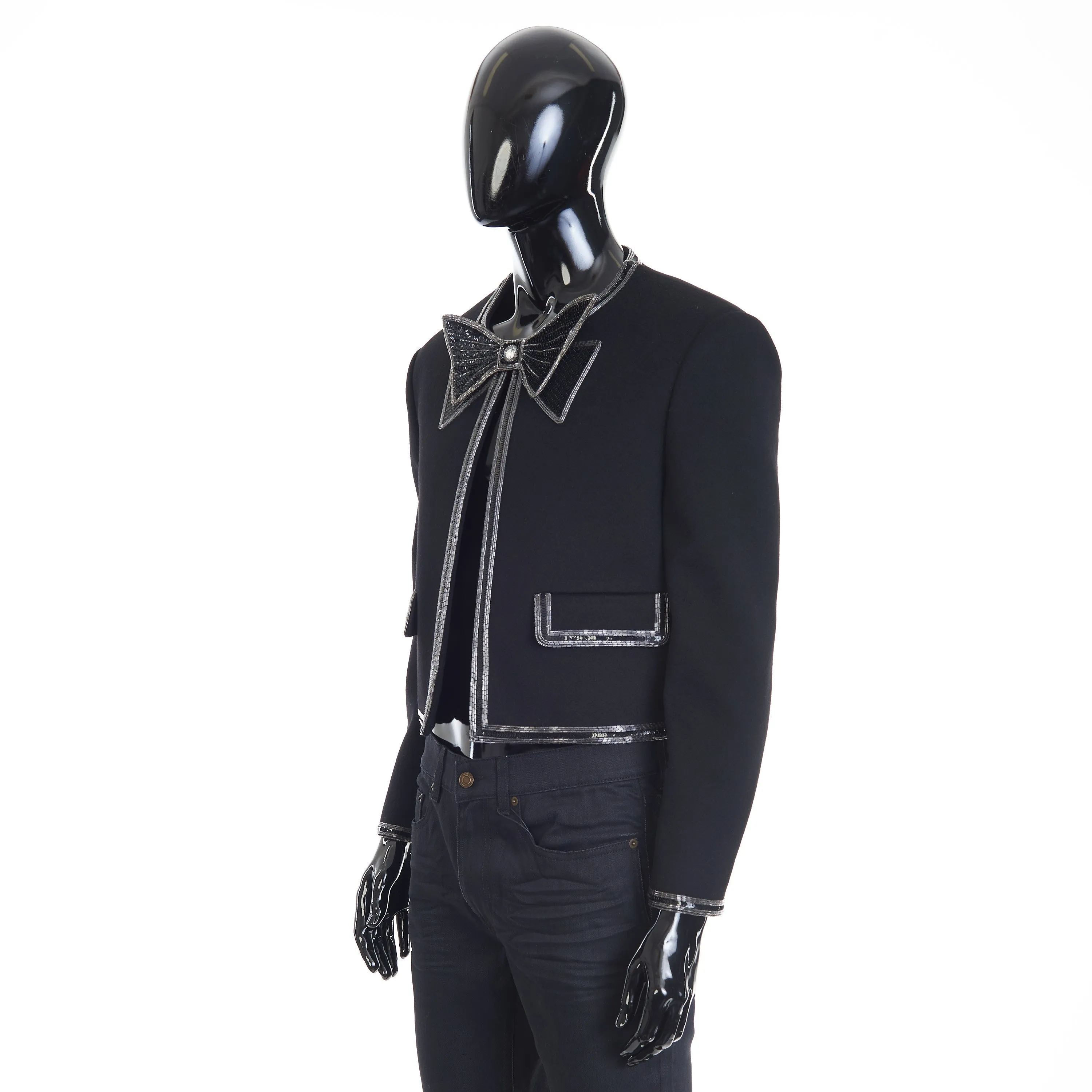 Bow-tie Cardigan With Pearl And Sequin Embroidery In Wool Cloth