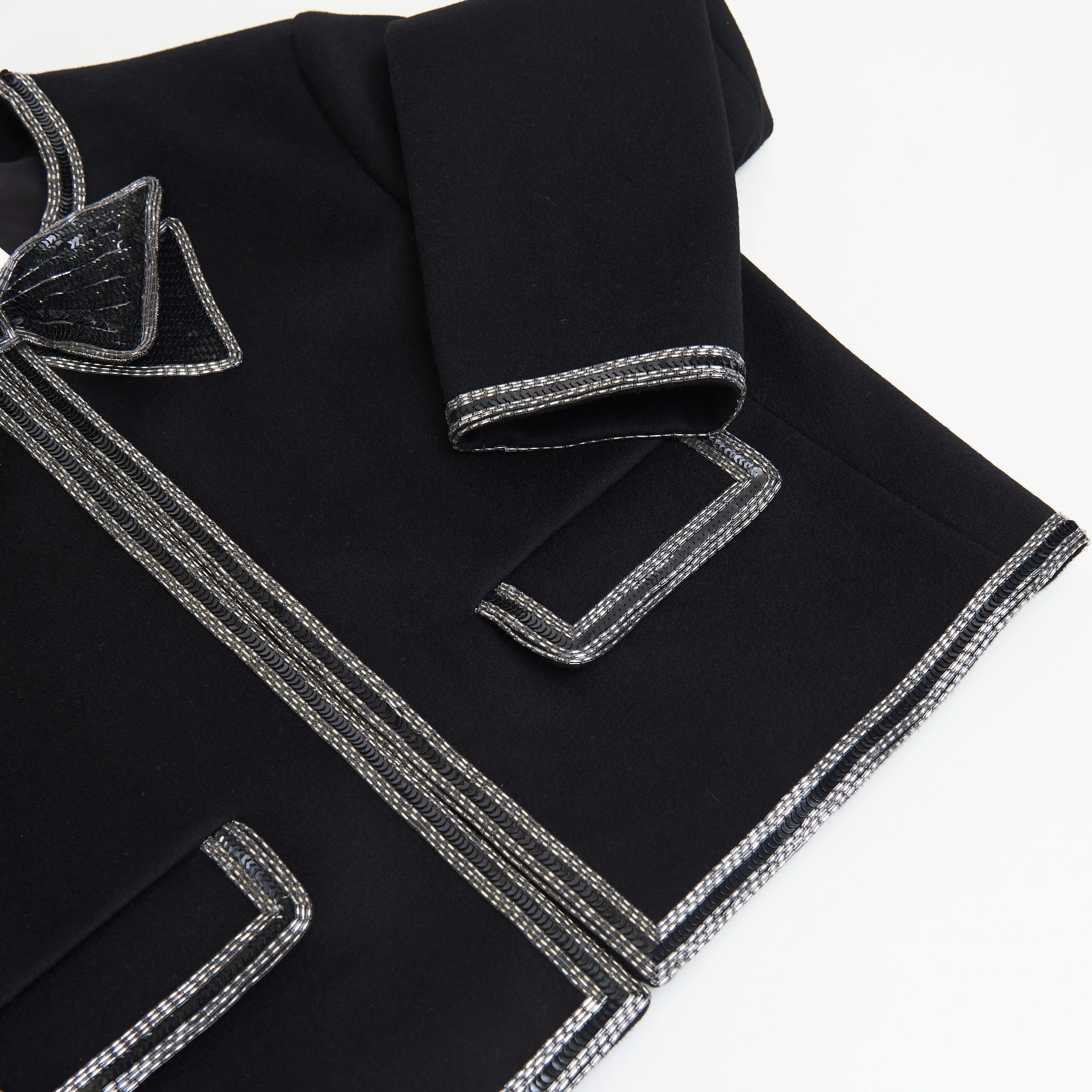 Bow-tie Cardigan With Pearl And Sequin Embroidery In Wool Cloth