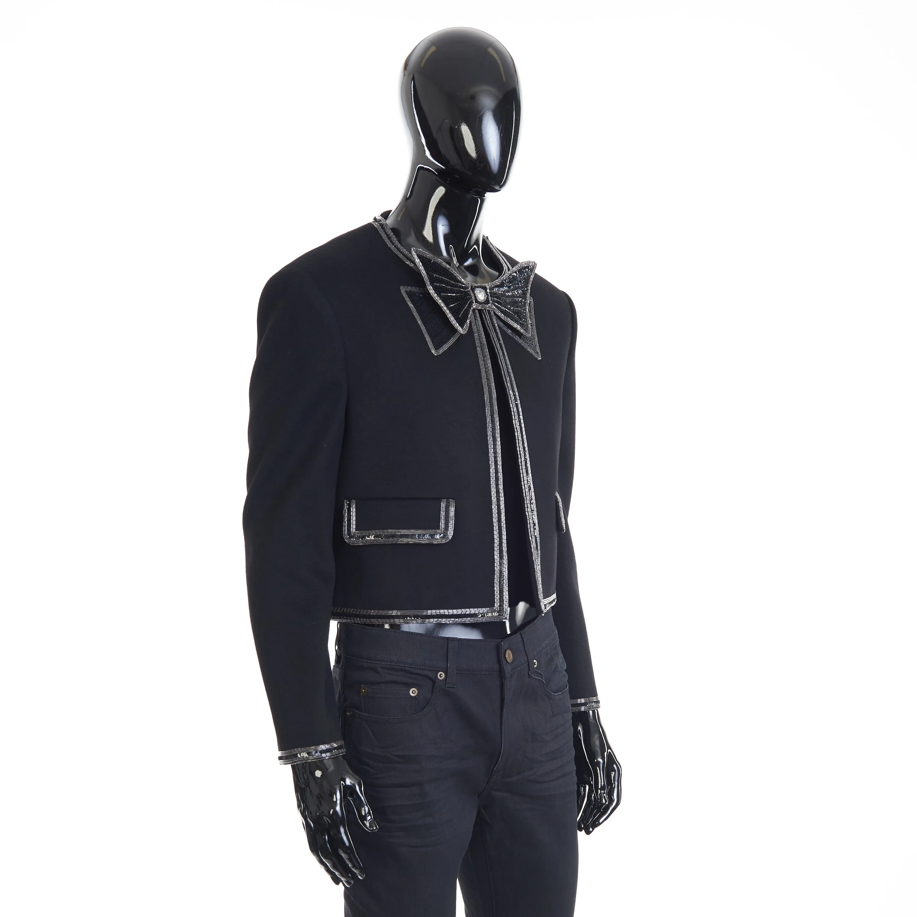 Bow-tie Cardigan With Pearl And Sequin Embroidery In Wool Cloth