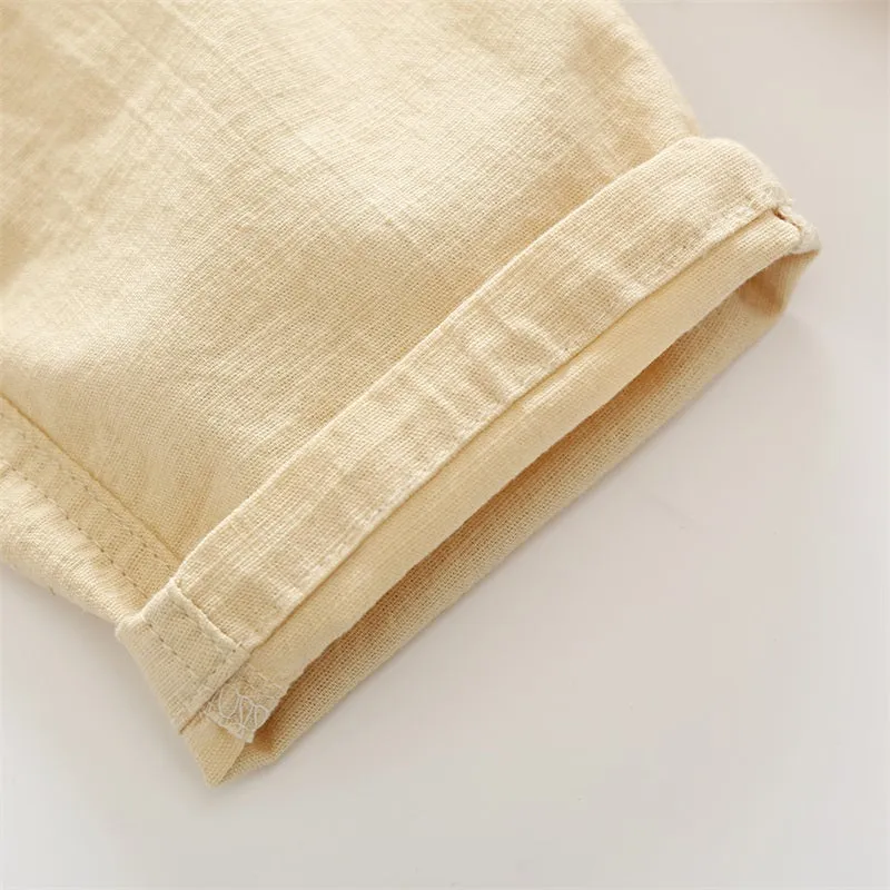 Boys Solid Colour Elastic Waist Knee Length Linen Shorts - Blue, Gree, Khaki, Red, White