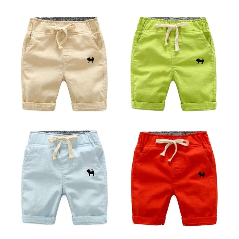 Boys Solid Colour Elastic Waist Knee Length Linen Shorts - Blue, Gree, Khaki, Red, White