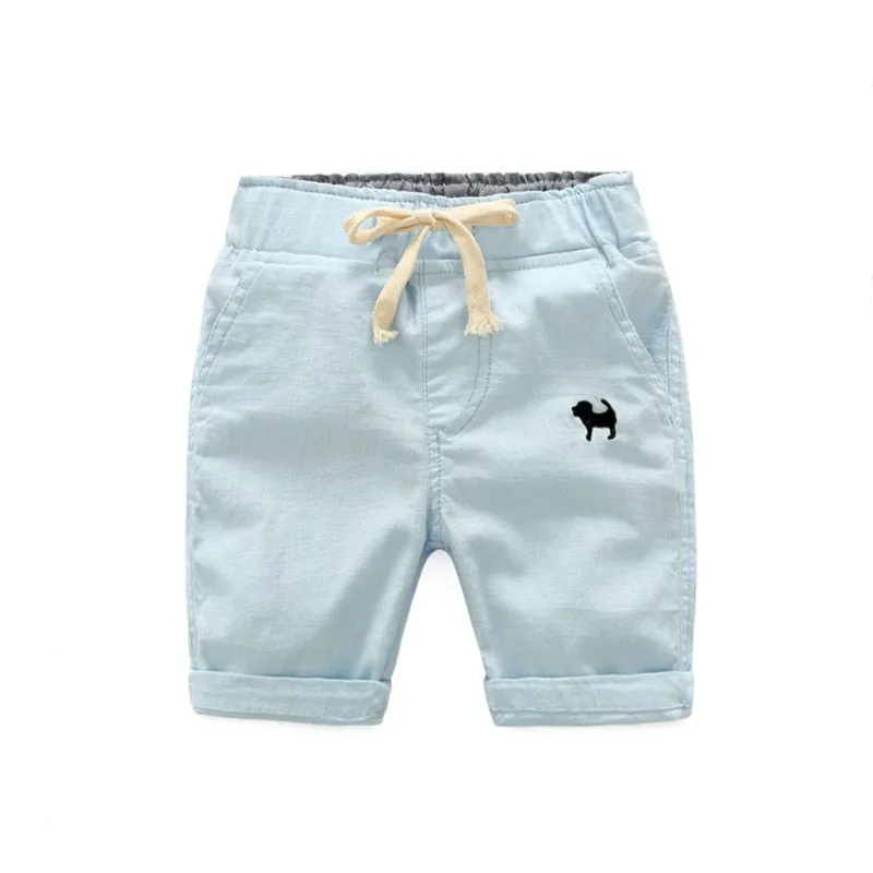 Boys Solid Colour Elastic Waist Knee Length Linen Shorts - Blue, Gree, Khaki, Red, White