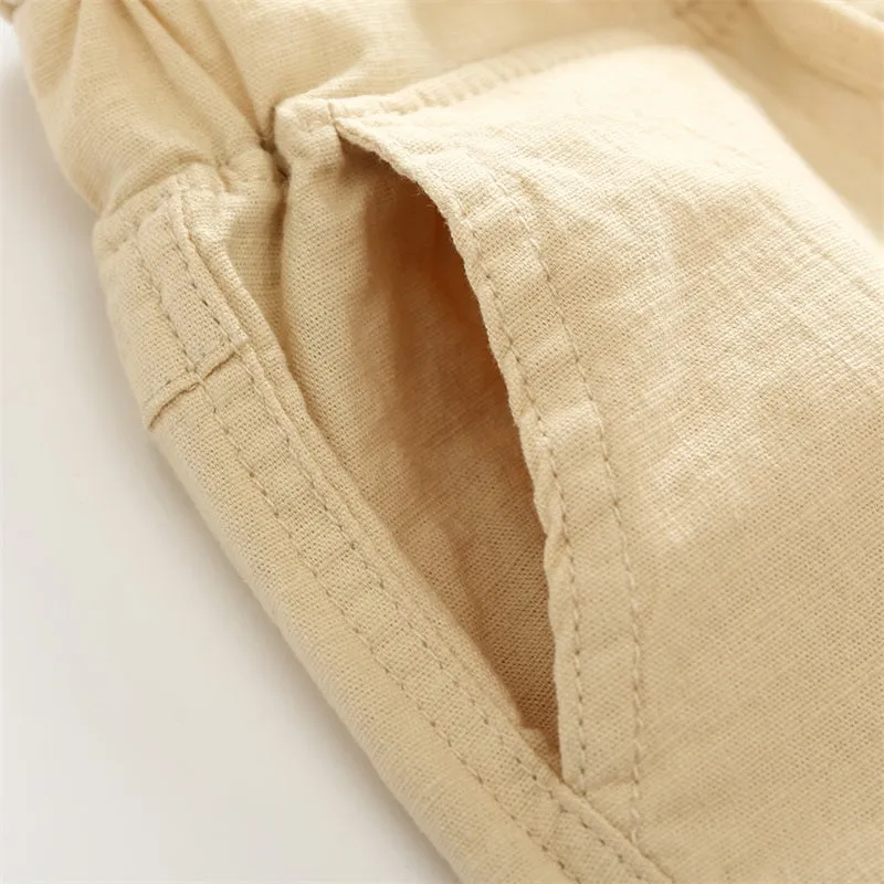 Boys Solid Colour Elastic Waist Knee Length Linen Shorts - Blue, Gree, Khaki, Red, White