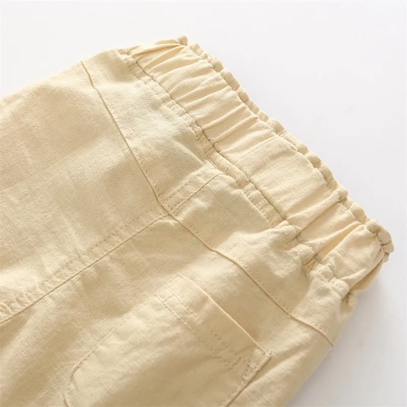 Boys Solid Colour Elastic Waist Knee Length Linen Shorts - Blue, Gree, Khaki, Red, White