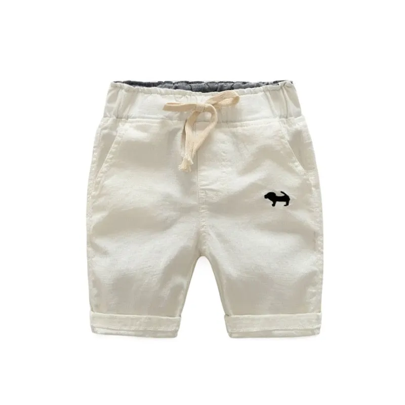 Boys Solid Colour Elastic Waist Knee Length Linen Shorts - Blue, Gree, Khaki, Red, White