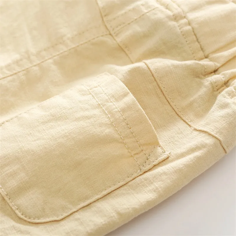 Boys Solid Colour Elastic Waist Knee Length Linen Shorts - Blue, Gree, Khaki, Red, White