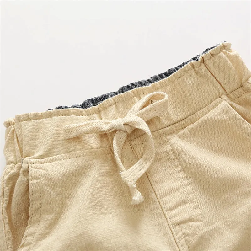 Boys Solid Colour Elastic Waist Knee Length Linen Shorts - Blue, Gree, Khaki, Red, White