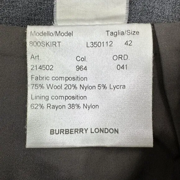 Burberry London Women's Short Pencil Skirt Wool Blend Zip Back Size 8 42 Gray