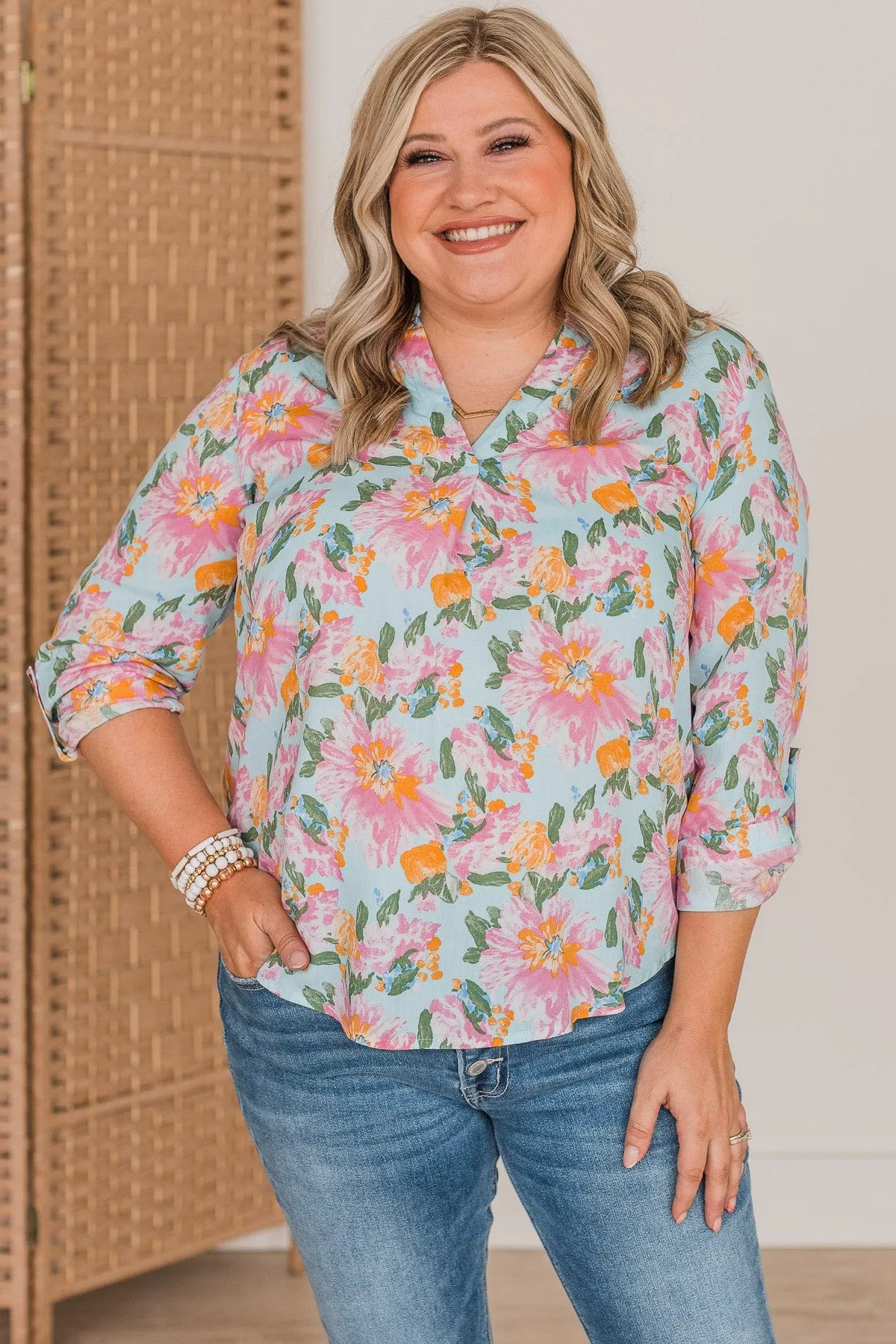 Calling My Name Floral Blouse- Light Blue & Pink