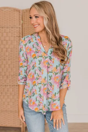 Calling My Name Floral Blouse- Light Blue & Pink