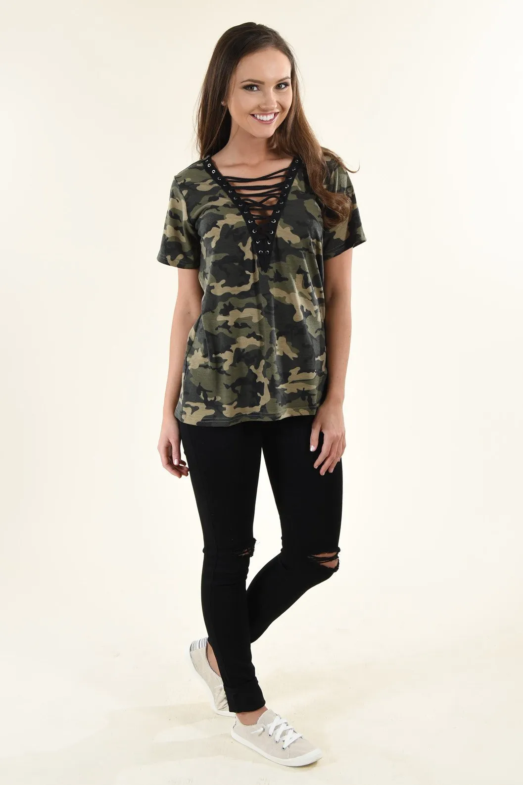 Camo Lace Up Top