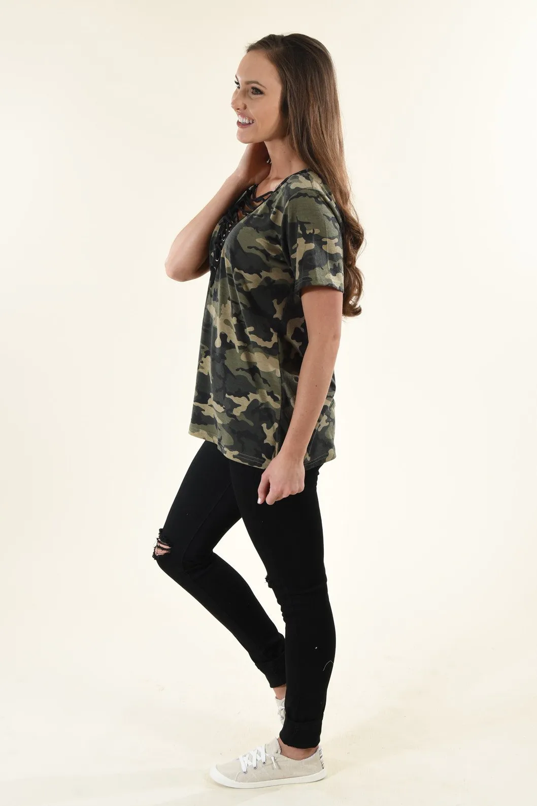 Camo Lace Up Top
