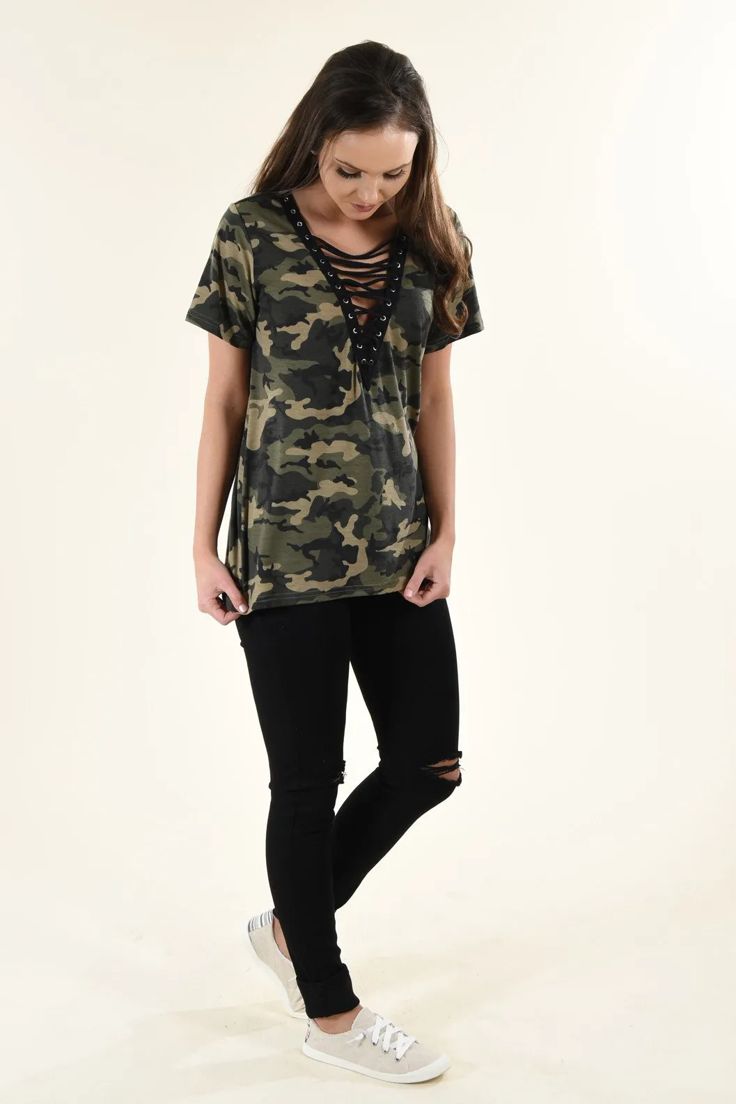 Camo Lace Up Top