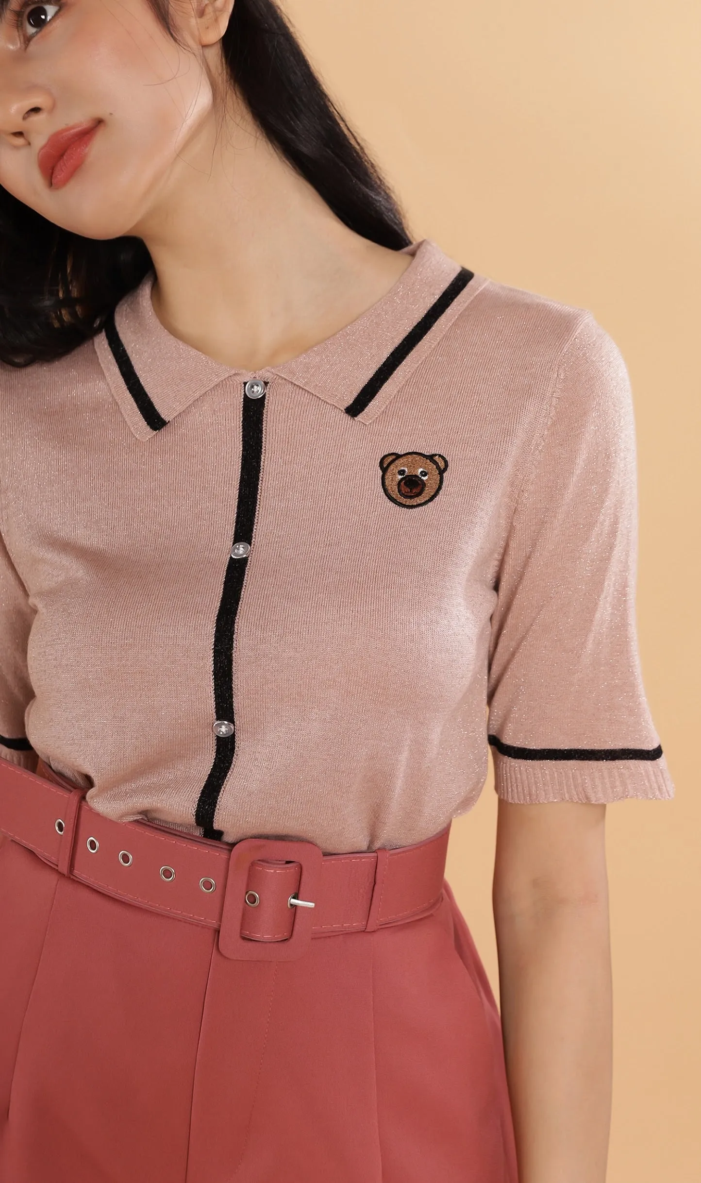 CASS Bear-Patch Knit Polo (Dusty Pink)