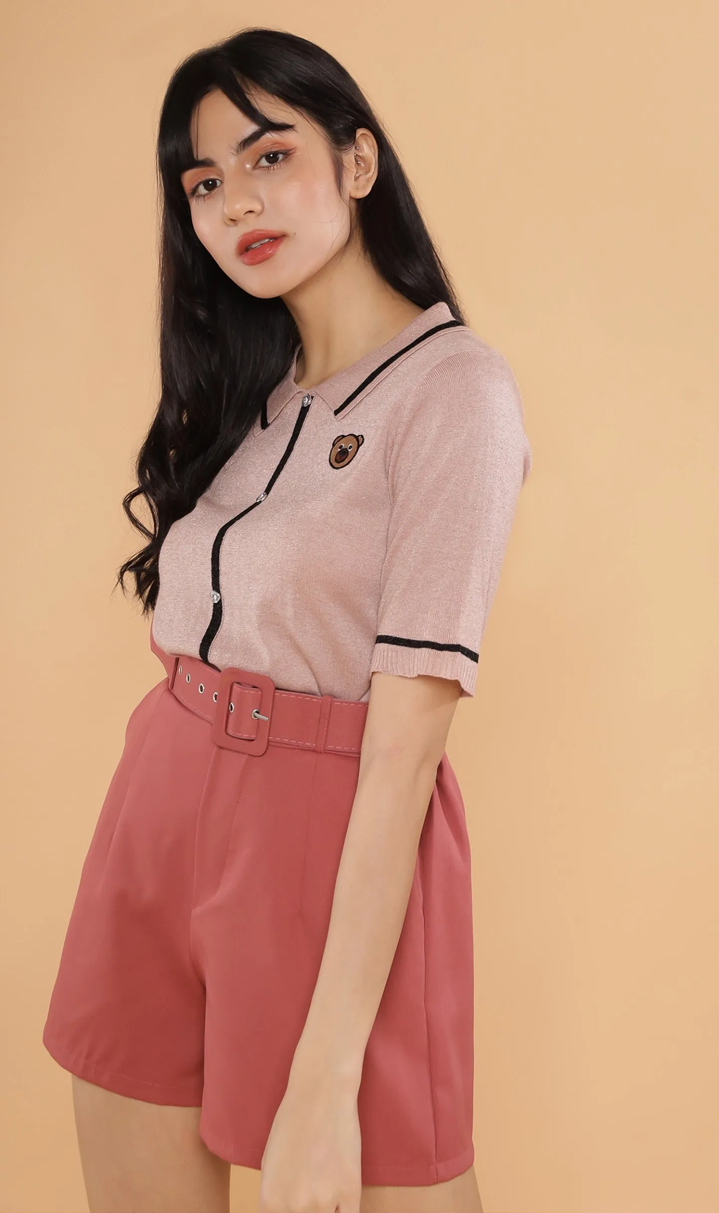 CASS Bear-Patch Knit Polo (Dusty Pink)
