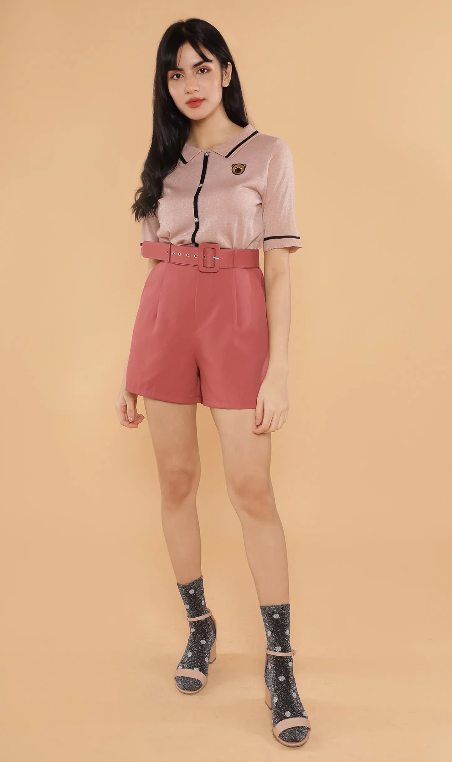 CASS Bear-Patch Knit Polo (Dusty Pink)