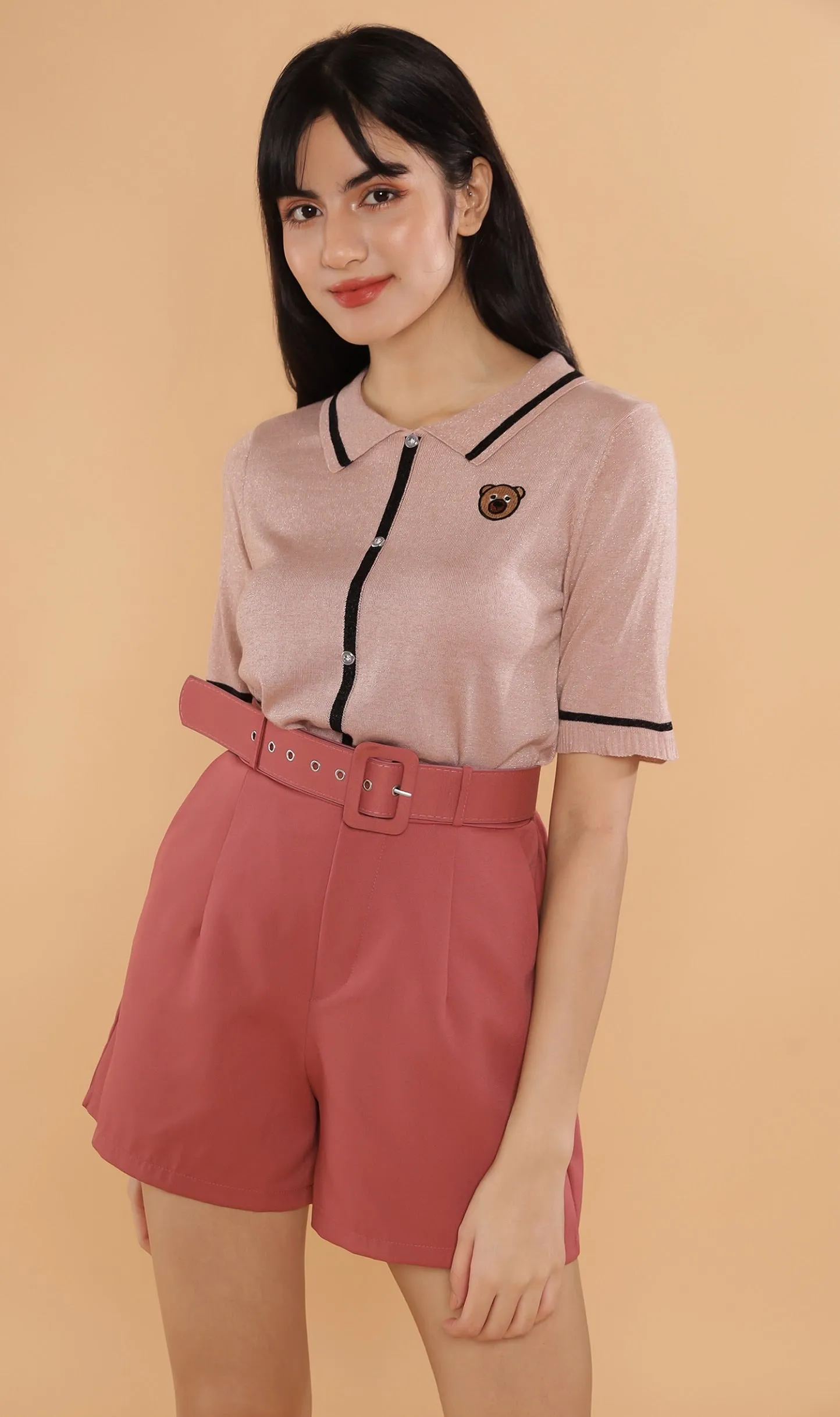 CASS Bear-Patch Knit Polo (Dusty Pink)