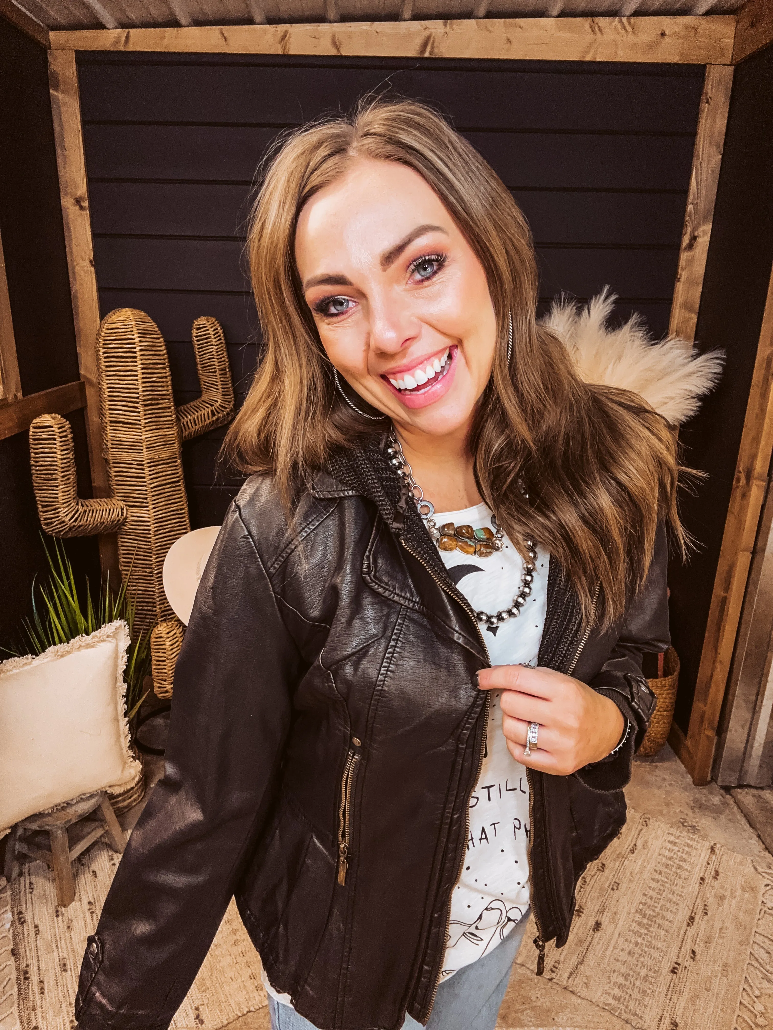 Chocolate Faux Leather Jacket with Pleated Waist