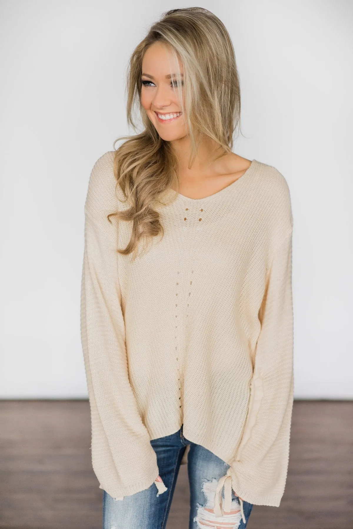 Cream Knit Sweater w/ Sleeve Detail