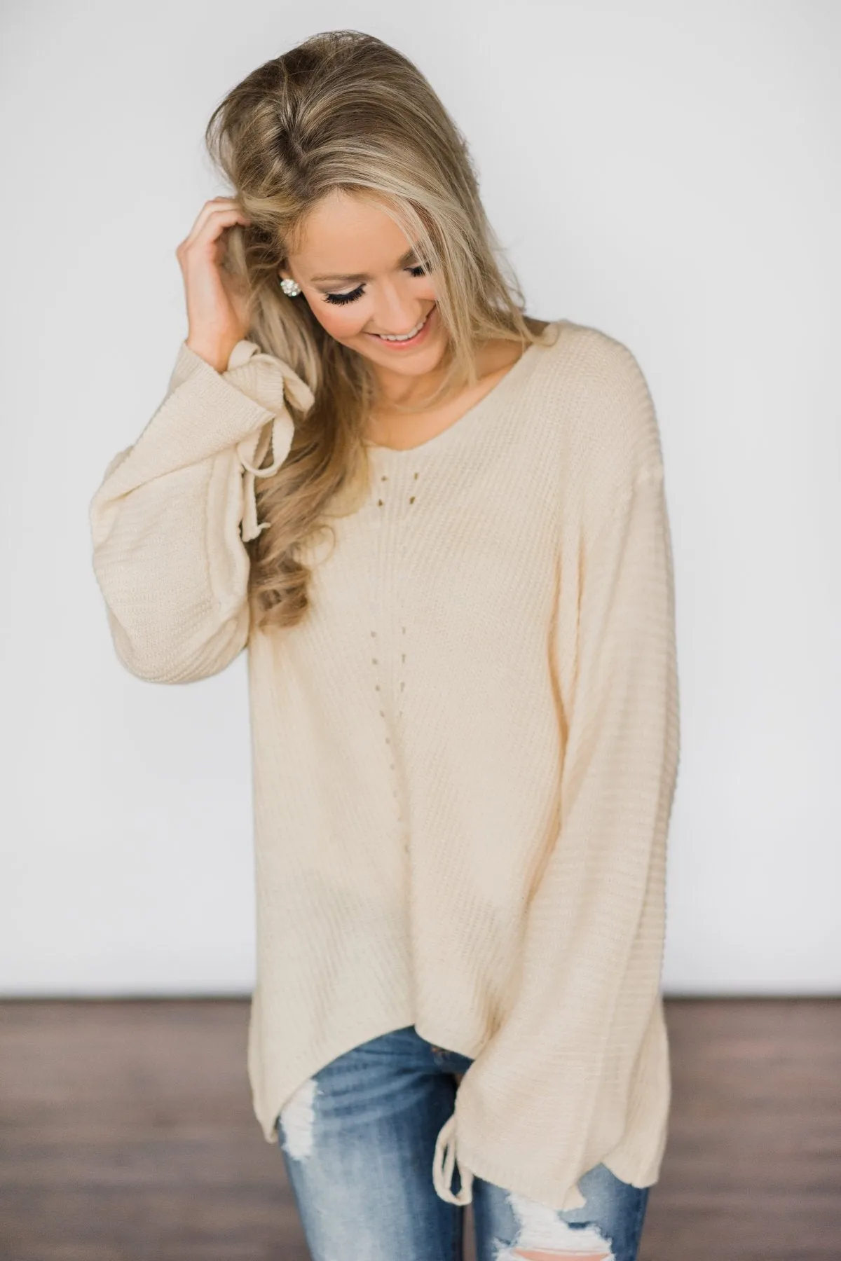 Cream Knit Sweater w/ Sleeve Detail
