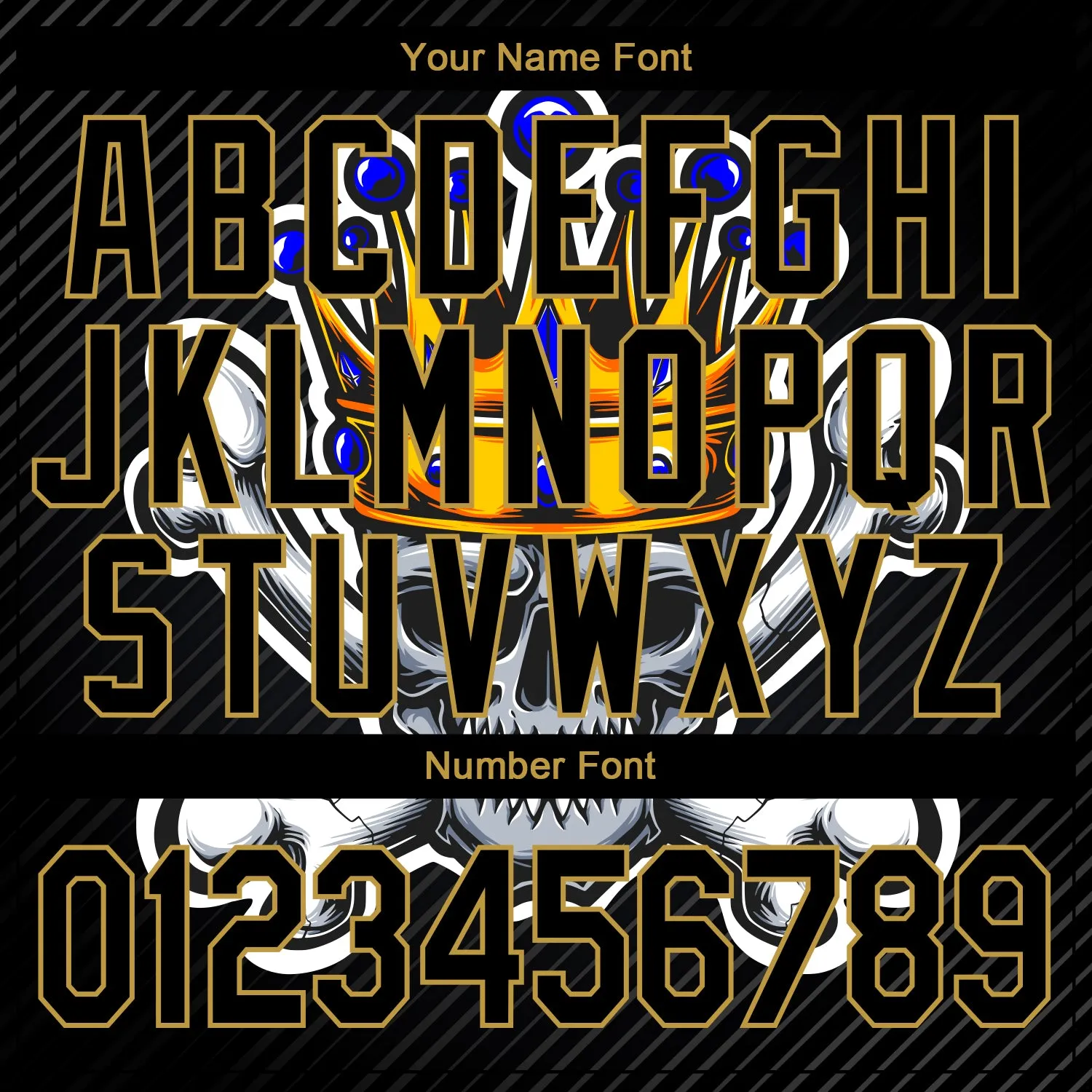 Custom Black Old Gold Skull With Gold Crown And Crossing Bones 3D Bomber Full-Snap Varsity Letterman Jacket