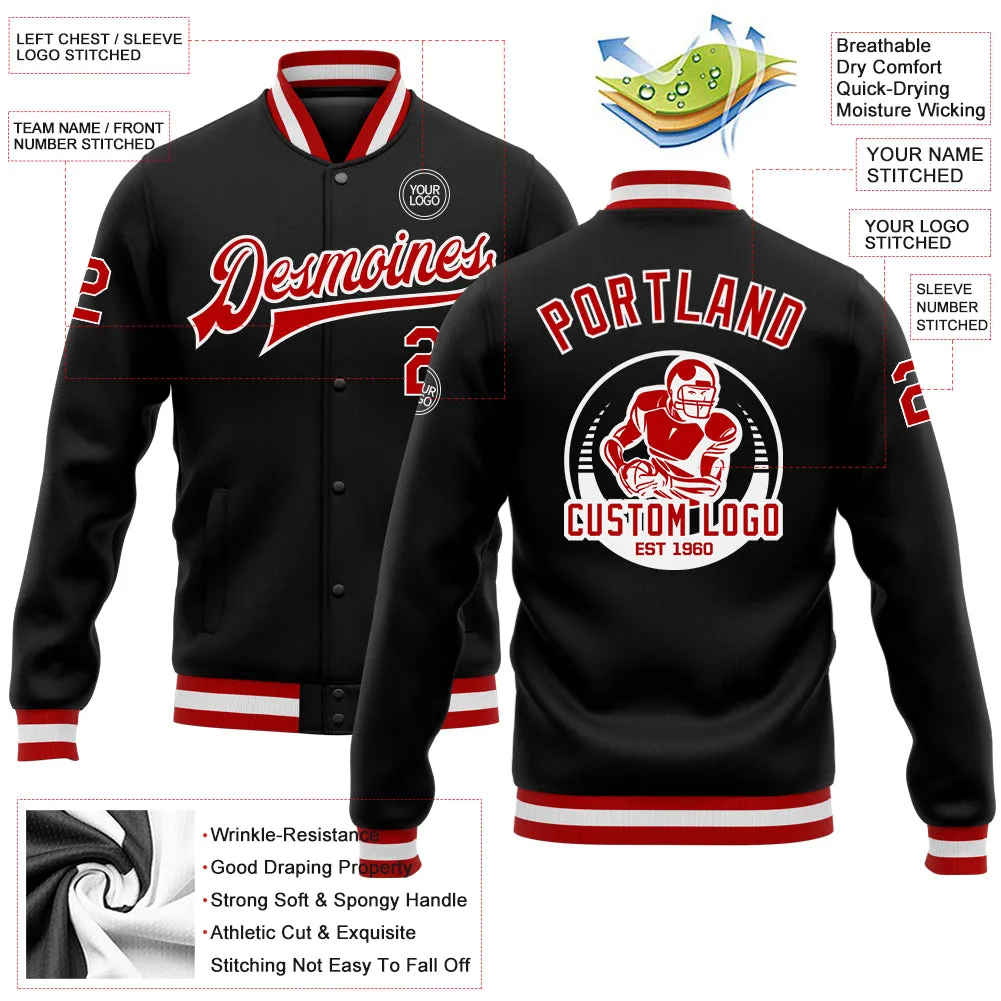 Custom Black Red-White Bomber Full-Snap Varsity Letterman Jacket