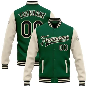 Custom Kelly Green Black-Cream Bomber Full-Snap Varsity Letterman Two Tone Jacket