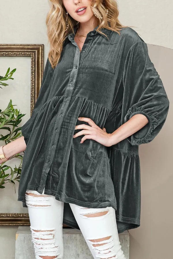 Dark Grey Lantern Sleeve Tunic Babydoll Velvet Shirt