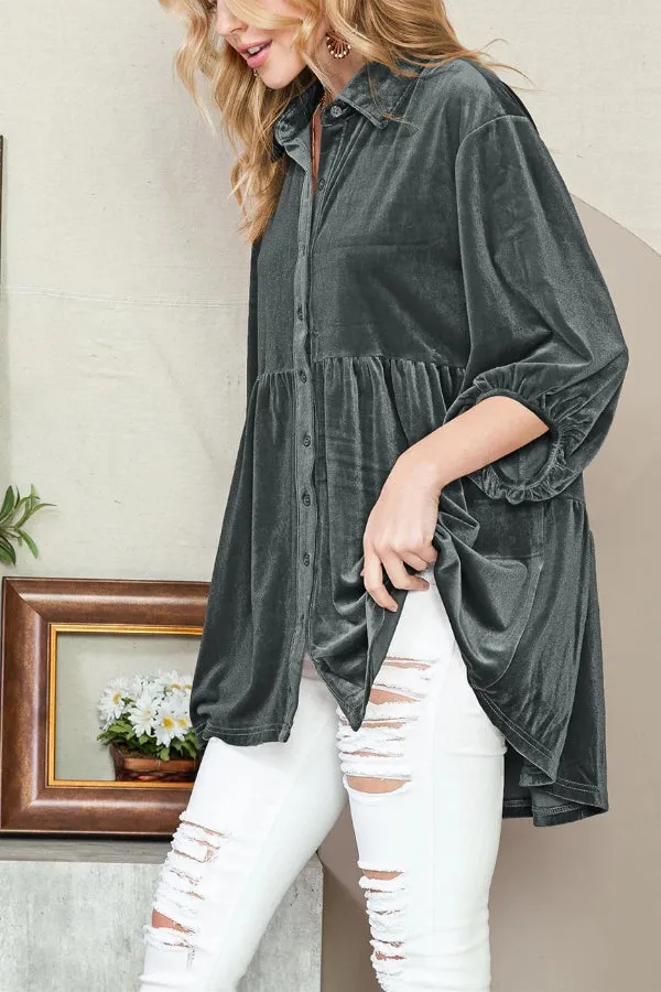 Dark Grey Lantern Sleeve Tunic Babydoll Velvet Shirt