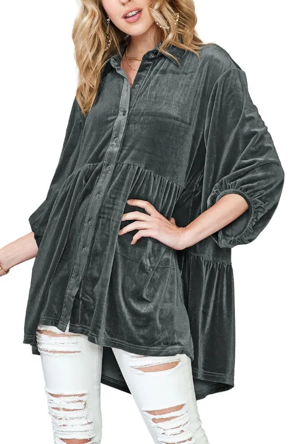 Dark Grey Lantern Sleeve Tunic Babydoll Velvet Shirt