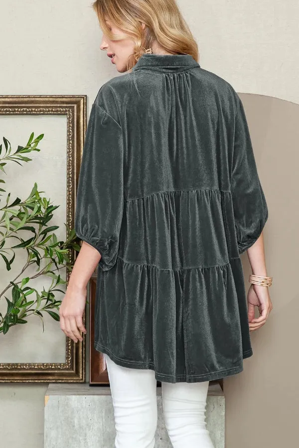 Dark Grey Lantern Sleeve Tunic Babydoll Velvet Shirt
