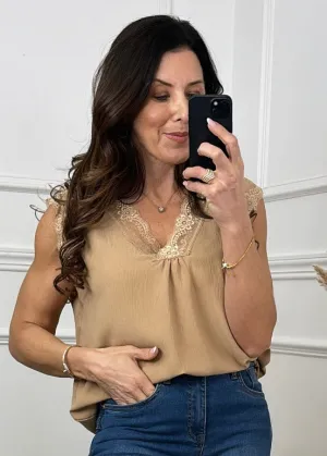 Davina Camel Lace Trim Top